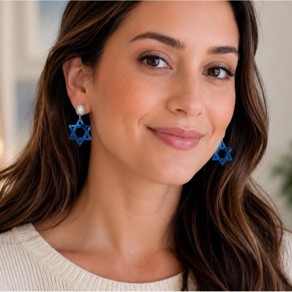 Hanukkah Star of David Blue Glitter Statement Acrylic Dangle Earrings Kohl's NWT